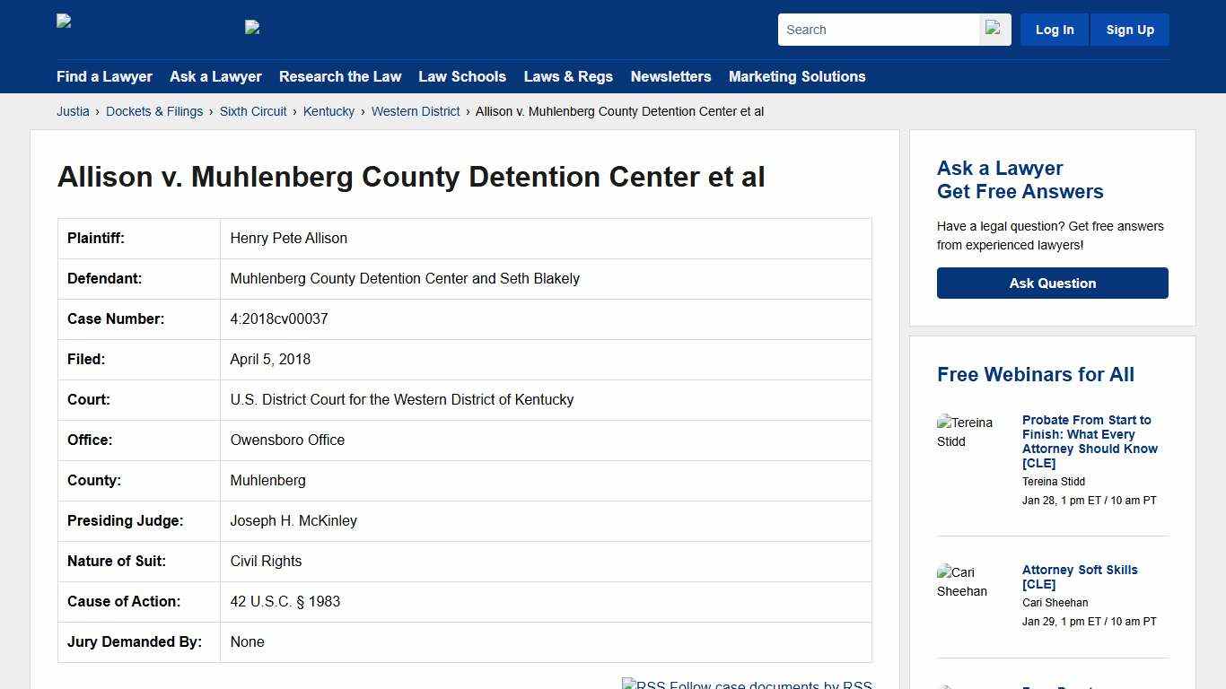 Allison v. Muhlenberg County Detention Center et al 4:2018cv00037 U.S. District Court for the Western District of Kentucky Justia